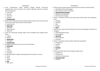1.

2.

3.

4.

5.

PERTEMUAN 5
Proses mendefenisikan sebuah database sehingga database benar-benar
mengekspresikan seluruh komponen kunci sebuah lingkungan organisasi merupakan
salah satu pengertian :
a. Hirarki data
b. Tipe data
c. Analis Data
d. Database
e. Pemodelan data
Sebuah teknik pemodelan data yang mempresentasikan gambar entitas dan relasi-relasi
antar entitas di dalam sebuah system informasi adalah :
a. Model data REA
b. Model E-RD
c. Model DAD
d. Model Flowchart
e. Model DFD
Tujuan dari perancangan database adalah untuk mendapatkan data sebagai berikut,
kecuali :
a. Lengkap
b. Fleksibel
c. Random data
d. Terintegrasi
e. Sequential data
Hubungan yang terjadi antara satu entitas atau lebih disebut :
a. Relationship
b. Atribut
c. Entitas
d. Cardinality
e. Komponen
Entitas dalam Model E-R dapat merepresentasikan hal-hal berikut ini, kecuali :
a. Orang
b. Objek
c. Tempat
d. Goal
e. Salah semua
LatihanSoal SIA DidiHeryanto

1.

2.

3.

4.

5.

PERTEMUAN 6
Aktifitas yang merupakan bagian dari tahap proses entri pesanan penjulalan adalah;
a. Menetapkan batas kredit pelanggan
b. Mempersiapkan dokumen pengiriman
c. Memeriksa kredit pelanggan
d. Menyetujui retur penjualan
e. Memeriksa debit pelangga
Berikut ini beberapa external entity yang biasanya terlibat dalam sklus pendapatan,
keculi;
a. Pelanggan
b. Supervisor
c. Bank
d. Manager
e. Owner
Dokumen mana yang sering kali dilampirkan bersama barang dagangan yang dikirim ke
pelanggan?
a. Daftar pengambilan barang
b. Slip pengepakan
c. Nota kredit
d. Pesanan penjulan
e. Nota debet
Berikut ini yang bukan termasuk didalam model siklus pendapatan?
a. Penagihan kas
b. Penjualan
c. Pesanan
d. Pembelian
e. Retur
Proses yang terakhir dalam siklus pendapatan adalah proses;
a. Penagihan kas
b. Pencatatan kas
c. Pengiriman barang pesanan
d. Persetujuan kredit
e. Pelaporan

LatihanSoal SIA DidiHeryanto

 
