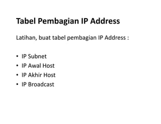 Tabel Pembagian IP Address
Latihan, buat tabel pembagian IP Address :
• IP Subnet
IP Awal Host• IP Awal Host
• IP Akhir Host
• IP Broadcast
 