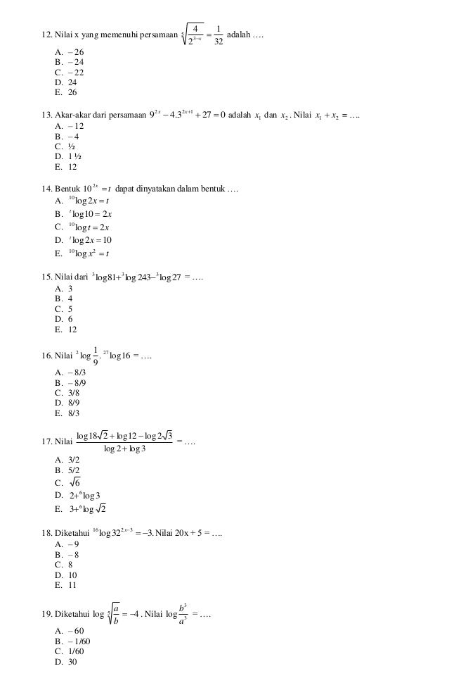 Latihan Soal Uas Matematika Kelas 10 Semester 1