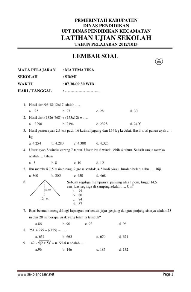  Latihan soal ujian nasional matematika sd