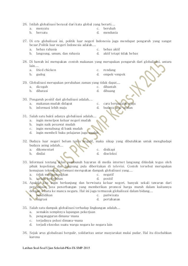 Latihan Soal Ujian Sekolah PKN SMP Kelas IX 2015 pkn smp