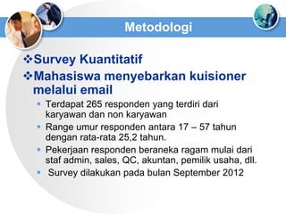 Metodologi

Survey Kuantitatif
Mahasiswa menyebarkan kuisioner
 melalui email
   Terdapat 265 responden yang terdiri da...