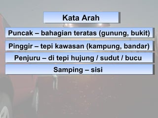 Kata Arah
Puncak – bahagian teratas (gunung, bukit)
Pinggir – tepi kawasan (kampung, bandar)
 Penjuru – di tepi hujung / s...