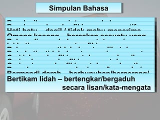 Simpulan Bahasa

Buruk siku – meminta semula barang yang
Buruk sangka – berfikir secara negatif
Hati batu – degil / tidak ...