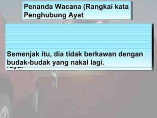 Penanda Wacana (Rangkai kata
     Penghubung Ayat
Namun demikian,tidakdapat membuat
Dengandemikian,mestilah sentiasa boleh...