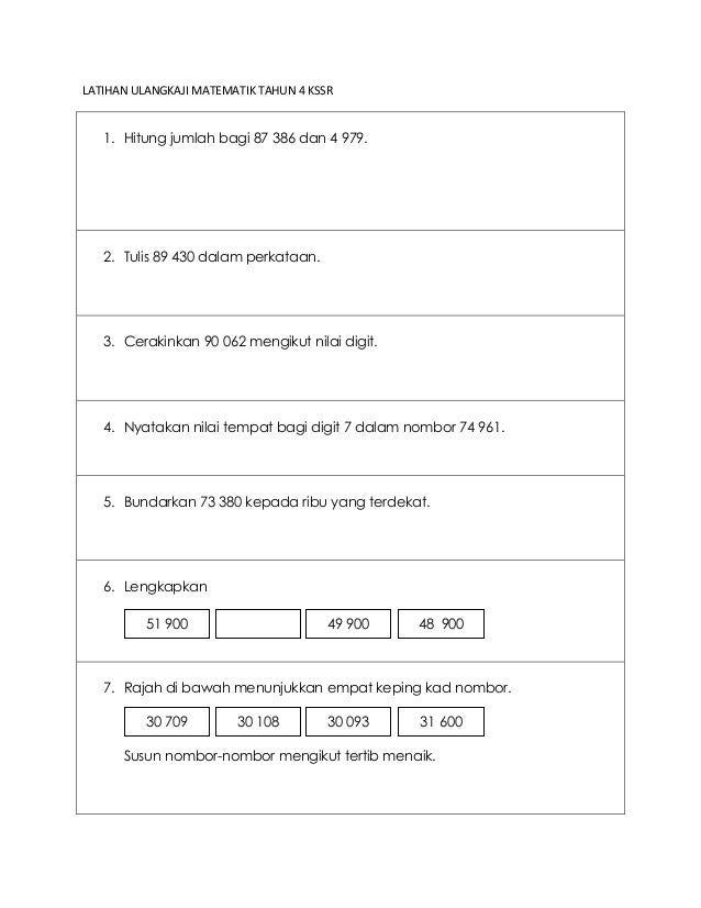 Latihan ulangkaji matematik tahun 4 kssr