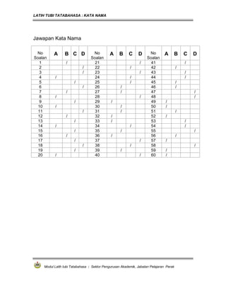 LATIH TUBI TATABAHASA : KATA NAMA
Modul Latih tubi Tatabahasa : Sektor Pengurusan Akademik, Jabatan Pelajaran Perak
Jawapan Kata Nama
No
Soalan
A B C D No
Soalan
A B C D No
Soalan
A B C D
1 / 21 / 41 /
2 / 22 / 42 /
3 / 23 / 43 /
4 / 24 / 44 /
5 / 25 / 45 /
6 / 26 / 46 /
7 / 27 / 47 /
8 / 28 / 48 /
9 / 29 / 49 /
10 / 30 / 50 /
11 / 31 / 51 /
12 / 32 / 52 /
13 / 33 / 53 /
14 / 34 / 54 /
15 / 35 / 55 /
16 / 36 / 56 /
17 / 37 / 57 /
18 / 38 / 58 /
19 / 39 / 59 /
20 / 40 / 60 /
 