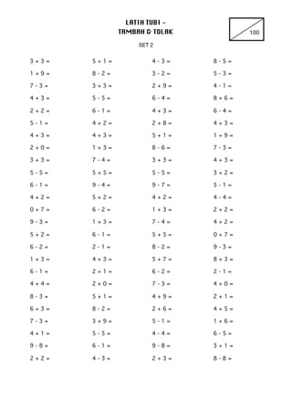 LATIH TUBI - 

TAMBAH & TOLAK 100
SET 2

3 + 3 = 5 + 1 = 4 - 3 = 8 - 5 =
1 + 9 = 8 - 2 = 3 - 2 = 5 - 3 =
7 - 3 = 3 + 3 = 2...