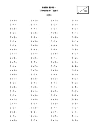 LATIH TUBI - 

TAMBAH & TOLAK 100
SET 3

5 + 5 = 3 + 2 = 5 + 7 = 6 - 1 =
9 - 4 = 5 - 1 = 6 - 2 = 2 - 1 =
5 + 2 = 4 - 4 = 7...