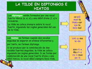 LA TILDE EN DIPTONGOS E
                 HIATOS
Los diptongos están formados por una vocal
                                                      co-pió
fuerte tónica (a, e, o) y una débil átona (i, u) o
                                                      mue-la
viceversa.
                                                     Hués-car
La tilde se coloca siempre sobre la vocal             vue-la
fuerte, siguiendo las reglas generales del uso       béis-bol
de la tilde.


Los hiatos se forman cuando dos vocales              cré-a-me
seguidas se separan en sílabas diferentes y,           le-ón
por tanto, no forman diptongo.
Si se produce por la combinación de dos
vocales fuertes seguidas, la tilde se coloca         son-rí-e
siguiendo las reglas generales. Si se forma por       Ma-rí-a
combinación de una vocal fuerte átona y una          re-í-mos
débil tónica, la vocal débil siempre lleva tilde.      pa-ís

                                                                4
 
