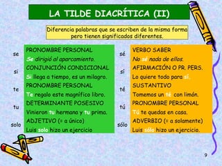 LA TILDE DIACRÍTICA (II)
               Diferencia palabras que se escriben de la misma forma
                        pero tienen significados diferentes.

       PRONOMBRE PERSONAL                         VERBO SABER
se                                         sé
       Se dirigió al aparcamiento.                No sé nada de ellos.
       CONJUNCIÓN CONDICIONAL                     AFIRMACIÓN O PR. PERS.
 si                                         sí
       Si llega a tiempo, es un milagro.          Lo quiere todo para sí.
       PRONOMBRE PERSONAL                         SUSTANTIVO
te                                         té
       Te regalo este magnífico libro.            Tomemos un té con limón.
       DETERMINANTE POSESIVO                      PRONOMBRE PERSONAL
tu                                         tú
       Vinieron tu hermana y tu prima.            Tú te quedas en casa.
       ADJETIVO (= a único)                       ADVERBIO (= a solamente)
solo                                       sólo
       Luis solo hizo un ejercicio                Luis sólo hizo un ejercicio.



                                                                                 9
 