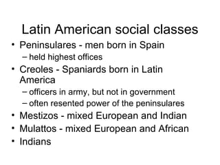 Latin American social classes Peninsulares - men born in Spain held highest offices Creoles - Spaniards born in Latin America officers in army, but not in government often resented power of the peninsulares Mestizos - mixed European and Indian Mulattos - mixed European and African Indians 