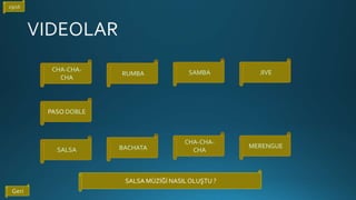 CHA-CHA-
CHA
RUMBA SAMBA JIVE
MERENGUE
CHA-CHA-
CHABACHATA
PASO DOBLE
SALSA
29/16
Geri
SALSA MÜZİĞİ NASIL OLUŞTU ?
 