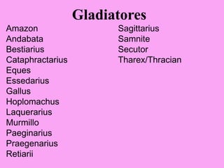 Gladiatores
Amazon Sagittarius
Andabata Samnite
Bestiarius Secutor
Cataphractarius Tharex/Thracian
Eques
Essedarius
Gallus
Hoplomachus
Laquerarius
Murmillo
Paeginarius
Praegenarius
Retiarii
 