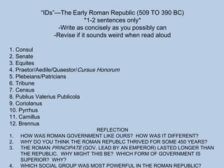 “IDs”—The Early Roman Republic (509 TO 390 BC)
*1-2 sentences only*
-Write as concisely as you possibly can
-Revise if it sounds weird when read aloud
1. Consul
2. Senate
3. Equites
4. Praetor/Aedile/Quaestor/Cursus Honorum
5. Plebeians/Patricians
6. Tribune
7. Census
8. Publius Valerius Publicola
9. Coriolanus
10. Pyrrhus
11. Camillus
12. Brennus
REFLECTION
1. HOW WAS ROMAN GOVERNMENT LIKE OURS? HOW WAS IT DIFFERENT?
2. WHY DO YOU THINK THE ROMAN REPUBLC THRIVED FOR SOME 450 YEARS?
3. THE ROMAN PRINCIPATE (GOV. LEAD BY AN EMPEROR) LASTED LONGER THAN
THE REPUBLIC. WHY MIGHT THIS BE? WHICH FORM OF GOVERNMENT IS
SUPERIOR? WHY?
4. WHICH SOCIAL GROUP WAS MOST POWERFUL IN THE ROMAN REPUBLIC?
 