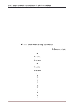 Латинаас кириллрүү хөрвүүлэгч хиймэл оюуны ñèñòåì
Монгол їсгийг латин їсгээр галиглах нь
- ( S- Galig)С Галиг
№
Кирил їсэг
Латин галиг
№
Кирил їсэг
Латин галиг
1.
А
A
19
Р
R
2.
Б
B
20
С
S
3.
В
V
21
13
 