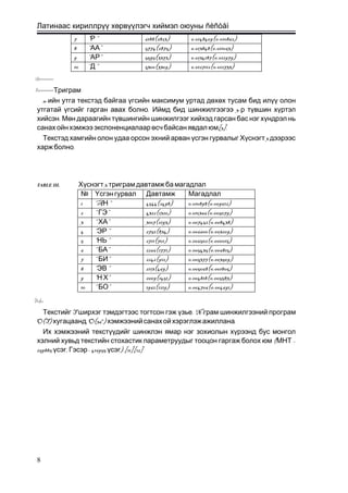 Латинаас кириллрүү хөрвүүлэгч хиймэл оюуны ñèñòåì
7 “ ”Р 6188(2823) 0.0148409(0.010862)
8 “ ”АА 5774(2875) 0.013848(0.011063)
9 “ ”АР 5595(3373) 0.0134187(0.012979)
10 “ ”Д 5300(3309) 0.0127112(0.012733)
IV.IV.
V .V . Триграм
n-ийн утга текстэд байгаа үгсийн максимум уртад дөхөх тусам бид илүү олон
.утгатай үгсийг гарган авах болно 3-Иймд бид шинжилгээгээ р түвшин хүртэл
.хийсэн Мөн дараагийн түвшингийн шинжилгээг хийхэд гарсан бас нэг хүндрэл нь
[3].санахойнхэмжээ экспоненциалаар өсчбайсанявдал юм
3Текстэд хамгийн олон удаа орсон эхний арван үсгэн гурвалыг Хүснэгт дээрээс
.харж болно
TABLE III. 3.Хүснэгт триграм давтамж ба магадлал
№ Үсгэн гурвал Давтамж Магадлал
1 “A “Н 4544(2498) 0.010898(0.009612)
2 “ ”ГЭ 4322(1320) 0.010366(0.005079)
3 “ ”ХА 3107(2193) 0.007452(0.008438)
4 “ ”ЭР 2752(834) 0.006600(0.003209)
5 “ ”НЬ 2711(701) 0.006502(0.000015)
6 “ ”БА 2266(1771) 0.005435(0.006815)
7 “ ”БИ 2242(912) 0.005377(0.003509)
8 “ ”ЭВ 2113(469) 0.005068(0.001805)
9 “ ”Н Х 2009(1451) 0.004818(0.005583)
10 “ ”БО 1962(1219) 0.004706(0.004691)
V I .V I .
TТекстийг .ширхэг тэмдэгтээс тогтсон гэж үзье N-грам шинжилгээний програм
O(T) , O(36хугацаанд n
) .хэмжээнийсанахойхэрэглэжажиллана
Их хэмжээний текстүүдийг шинжлэн ямар нэг зохиолын хүрээнд бус монгол
хэлний хувьд текстийн стохастик параметруудыг тооцон гаргаж болох юм ( –МНТ
259885 , -416955үсэг Гэсэр үсэг).[11][12]
8
 