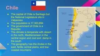 Chile 
● The capital of Chile is Santiago but 
the National Legislature sits in 
Valparaiso 
● The population is 17,363,894 
● The government of Chile is a 
Republic 
● The climate is temperate with desert 
in the north, Mediterranean in the 
central region and cool and damp in 
the south 
● The geography has the Andes in the 
east, fertile central plains, and low 
coastal mountains 
 