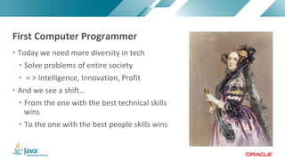 Copyright	©	2017,	Oracle	and/or	its	affiliates.	All	rights	reserved.		|Copyright	©	2017,	Oracle	and/or	its	affiliates.	All	rights	reserved.	
• Today	we	need	more	diversity	in	tech
• Solve	problems	of	entire	society
• =	>	Intelligence,	Innovation,	Profit
• And	we	see	a	shift…	
• From	the	one	with	the	best	technical	skills	
wins
• To	the	one	with	the	best	people	skills	wins
First	Computer	Programmer
 