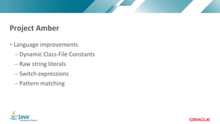 Copyright	©	2017,	Oracle	and/or	its	affiliates.	All	rights	reserved.		|Copyright	©	2017,	Oracle	and/or	its	affiliates.	All	rights	reserved.	
• Language	improvements
– Dynamic	Class-File	Constants
– Raw	string	literals
– Switch	expressions
– Pattern	matching
Project	Amber
 