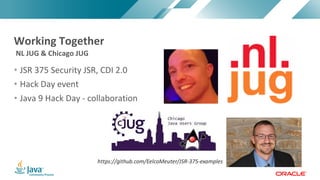 Copyright	©	2017,	Oracle	and/or	its	affiliates.	All	rights	reserved.		|Copyright	©	2017,	Oracle	and/or	its	affiliates.	All	rights	reserved.	
• JSR	375	Security	JSR,	CDI	2.0
• Hack	Day	event
• Java	9	Hack	Day	- collaboration
NL	JUG	&	Chicago	JUG
Working	Together
 