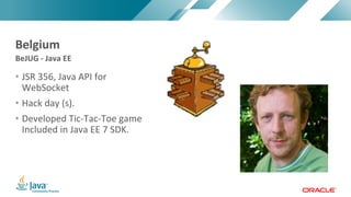 Copyright	©	2017,	Oracle	and/or	its	affiliates.	All	rights	reserved.		|Copyright	©	2017,	Oracle	and/or	its	affiliates.	All	rights	reserved.	
• JSR	356,	Java	API	for	
WebSocket
• Hack	day	(s).
• Developed	Tic-Tac-Toe	game	
Included	in	Java	EE	7	SDK.
BeJUG	- Java	EE
Belgium
 
