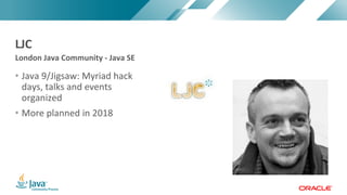 Copyright	©	2017,	Oracle	and/or	its	affiliates.	All	rights	reserved.		|Copyright	©	2017,	Oracle	and/or	its	affiliates.	All	rights	reserved.	
• Java	9/Jigsaw:	Myriad	hack	
days,	talks	and	events	
organized
• More	planned	in	2018
London	Java	Community	- Java	SE
LJC
 