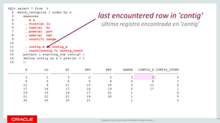 Copyright © 2016, Oracle and/or its affiliates. All rights reserved. |
SQL> select * from t
2 match_recognize ( order by x
3 measures
4 x x
5 , first(x) lo
6 , last(x) hi
7 , prev(x) prv
8 , next(x) nxt
9 , count(*) range
10
11 , contig.x as contig_x
12 , count(contig.*) contig_count
13 pattern ( starting_row contig* )
14 define contig as x = prev(x) + 1
15 );
X LO HI PRV NXT RANGE CONTIG_X CONTIG_COUNT
---------- ---------- ---------- ---------- ---------- ---------- ---------- ------------
3 1 3 2 5 3 3 2
6 5 6 5 9 2 6 1
11 9 11 10 16 3 11 2
17 16 17 16 19 2 17 1
19 19 19 17 21 1 0
21 21 21 19 30 1 0
30 30 30 21 1 0
101
last encountered row in 'contig'
última registro encontrada en 'contig'
 