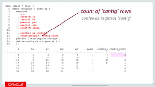 Copyright © 2016, Oracle and/or its affiliates. All rights reserved. |
SQL> select * from t
2 match_recognize ( order by x
3 measures
4 x x
5 , first(x) lo
6 , last(x) hi
7 , prev(x) prv
8 , next(x) nxt
9 , count(*) range
10
11 , contig.x as contig_x
12 , count(contig.*) contig_count
13 pattern ( starting_row contig* )
14 define contig as x = prev(x) + 1
15 );
X LO HI PRV NXT RANGE CONTIG_X CONTIG_COUNT
---------- ---------- ---------- ---------- ---------- ---------- ---------- ------------
3 1 3 2 5 3 3 2
6 5 6 5 9 2 6 1
11 9 11 10 16 3 11 2
17 16 17 16 19 2 17 1
19 19 19 17 21 1 0
21 21 21 19 30 1 0
30 30 30 21 1 0
102
count of 'contig' rows
conteo de registros 'contig'
 