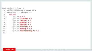 Copyright © 2016, Oracle and/or its affiliates. All rights reserved. |
SQL> select * from t
2 match_recognize ( order by x
3 measures ... pattern ...
4 DEFINE
5 p1 as x = 1
6 , p2 as first(x) = 1
7 , p3 as last(x) = 1
8 , p4 as prev(x) = 1
9 , p5 as next(x) = 1
10 , p6 as count(*) = 1
11 , p7 as contig.x = 1
12 , p8 as count(contig.*) = 1
13 );
111
 