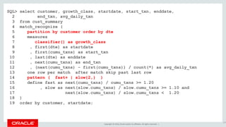 Copyright © 2016, Oracle and/or its affiliates. All rights reserved. |
SQL> select customer, growth_class, startdate, start_txn, enddate,
2 end_txn, avg_daily_txn
3 from cust_summary
4 match_recognize (
5 partition by customer order by dte
6 measures
7 classifier() as growth_class
8 , first(dte) as startdate
9 , first(cumu_txns) as start_txn
10 , last(dte) as enddate
11 , next(cumu_txns) as end_txn
12 , (next(cumu_txns) - first(cumu_txns)) / count(*) as avg_daily_txn
13 one row per match after match skip past last row
14 pattern ( fast+ | slow{3,} )
15 define fast as next(cumu_txns) / cumu_txns >= 1.20
16 , slow as next(slow.cumu_txns) / slow.cumu_txns >= 1.10 and
17 next(slow.cumu_txns) / slow.cumu_txns < 1.20
18 )
19 order by customer, startdate;
113
SQL> select customer, growth_class, startdate, start_txn, enddate,
2 end_txn, avg_daily_txn
3 from cust_summary
4 match_recognize (
5 partition by customer order by dte
6 measures
7 classifier() as growth_class
8 , first(dte) as startdate
9 , first(cumu_txns) as start_txn
10 , last(dte) as enddate
11 , next(cumu_txns) as end_txn
12 , (next(cumu_txns) - first(cumu_txns)) / count(*) as avg_daily_txn
13 one row per match after match skip past last row
14 pattern ( fast+ | slow{2,} )
15 define fast as next(cumu_txns) / cumu_txns >= 1.20
16 , slow as next(slow.cumu_txns) / slow.cumu_txns >= 1.10 and
17 next(slow.cumu_txns) / slow.cumu_txns < 1.20
18 )
19 order by customer, startdate;
 