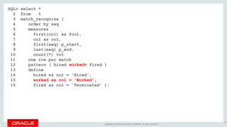 Copyright © 2016, Oracle and/or its affiliates. All rights reserved. |
SQL> select *
2 from t
3 match_recognize (
4 order by seq
5 measures
6 first(col) as fcol,
7 col as col,
8 first(seq) p_start,
9 last(seq) p_end,
10 count(*) tot
11 one row per match
12 pattern ( hired worked* fired )
13 define
14 hired as col = 'Hired',
15 worked as col = 'Worked',
15 fired as col = 'Terminated' );
133
worked+
 