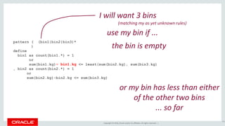 Copyright © 2016, Oracle and/or its affiliates. All rights reserved. |
pattern ( (bin1|bin2|bin3)*
)
define
bin1 as count(bin1.*) = 1
or
sum(bin1.kg) <= least(sum(bin2.kg), sum(bin3.kg)
, bin2 as count(bin2.*) = 1
or
sum(bin2.kg)-bin2.kg <= sum(bin3.kg)
191
I will want 3 bins
(matching my as yet unknown rules)
the bin is empty
- bin1.kg
or my bin has less than either
of the other two bins
... so far
use my bin if ...
 