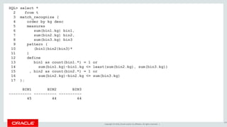 Copyright © 2016, Oracle and/or its affiliates. All rights reserved. |
SQL> select *
2 from t
3 match_recognize (
4 order by kg desc
5 measures
6 sum(bin1.kg) bin1,
7 sum(bin2.kg) bin2,
8 sum(bin3.kg) bin3
9 pattern (
10 (bin1|bin2|bin3)*
11 )
12 define
13 bin1 as count(bin1.*) = 1 or
14 sum(bin1.kg)-bin1.kg <= least(sum(bin2.kg), sum(bin3.kg))
15 , bin2 as count(bin2.*) = 1 or
16 sum(bin2.kg)-bin2.kg <= sum(bin3.kg)
17 );
BIN1 BIN2 BIN3
---------- ---------- ----------
45 44 44
194
 