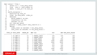 Copyright © 2016, Oracle and/or its affiliates. All rights reserved. |
SQL> select * from (
2 select co.*, c.min_ship_value
3 from cust c, cust_orders co
4 where c.cust_id = co.cust_id
5 )
6 match_recognize (
7 partition by cust_id
8 order by ship_date, order_no
9 measures
10 match_number() as mno,
11 classifier() as cls,
12 sum(amt) as tot
13 all rows per match
14 pattern ( under_limit* over_limit{0,1} )
15 define
16 under_limit as sum(amt) < min_ship_value,
17 over_limit as sum(amt) >= min_ship_value );
CUST_ID SHIP_DATE ORDER_NO MNO CLS TOT AMT MIN_SHIP_VALUE
---------- --------- ---------- ----- --------------- ---------- ---------- --------------
1 31-JAN-17 11 1 UNDER_LIMIT 100 100 350
1 10-FEB-17 13 1 UNDER_LIMIT 110 10 350
1 11-FEB-17 12 1 OVER_LIMIT 360 250 350
1 21-FEB-17 21 2 OVER_LIMIT 1000 1000 350
1 31-MAR-17 31 3 OVER_LIMIT 4000 4000 350
2 31-JAN-17 41 1 UNDER_LIMIT 175 175 750
2 10-FEB-17 51 1 UNDER_LIMIT 275 100 750
2 11-FEB-17 42 1 OVER_LIMIT 775 500 750
2 21-FEB-17 52 2 OVER_LIMIT 1000 1000 750
2 31-MAR-17 61 3 UNDER_LIMIT 100 100 750
205
 