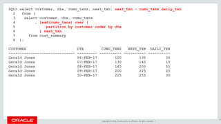 Copyright © 2016, Oracle and/or its affiliates. All rights reserved. |
SQL> select customer, dte, cumu_txns, next_txn, next_txn - cumu_txns daily_txn
2 from (
3 select customer, dte, cumu_txns
4 , lead(cumu_txns) over (
5 partition by customer order by dte
6 ) next_txn
7 from cust_summary
8 );
CUSTOMER DTE CUMU_TXNS NEXT_TXN DAILY_TXN
------------------------------ --------- ---------- ---------- ----------
Gerald Jones 06-FEB-17 100 130 30
Gerald Jones 07-FEB-17 130 145 15
Gerald Jones 08-FEB-17 145 200 55
Gerald Jones 09-FEB-17 200 225 25
Gerald Jones 10-FEB-17 225 255 30
35
 