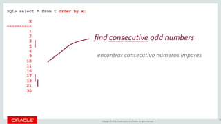 Copyright © 2016, Oracle and/or its affiliates. All rights reserved. |
SQL> select * from t;
X
----------
1
2
3
5
6
10
11
16
17
9
19
21
30
69
find consecutive odd numbers
order by x;
X
----------
1
2
3
5
6
9
10
11
16
17
19
21
30
encontrar consecutivo números impares
 