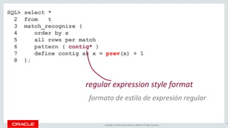 Copyright © 2016, Oracle and/or its affiliates. All rights reserved. |
SQL> select *
2 from t
3 match_recognize (
4 order by x
5 all rows per match
6 pattern ( contig* )
7 define contig as x = prev(x) + 1
8 );
76
regular expression style format
formato de estilo de expresión regular
 