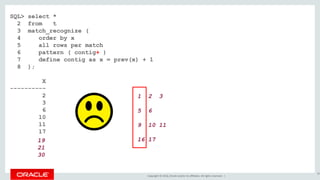 Copyright © 2016, Oracle and/or its affiliates. All rights reserved. |
SQL> select *
2 from t
3 match_recognize (
4 order by x
5 all rows per match
6 pattern ( contig+ )
7 define contig as x = prev(x) + 1
8 );
X
----------
2
3
6
10
11
17
80
1 2 3
5 6
9 10 11
16 1719
21
30
 