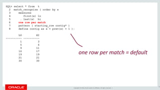 Copyright © 2016, Oracle and/or its affiliates. All rights reserved. |
SQL> select * from t
2 match_recognize ( order by x
3 measures
4 first(x) lo
5 , last(x) hi
6
7 pattern ( starting_row contig* )
8 define contig as x = prev(x) + 1 );
LO HI
---------- ----------
1 3
5 6
9 11
16 17
19 19
21 21
30 30
90
one row per match = default
6 one row per match
 
