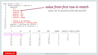Copyright © 2016, Oracle and/or its affiliates. All rights reserved. |
SQL> select * from t
2 match_recognize ( order by x
3 measures
4 x x
5 , first(x) lo
6 , last(x) hi
7 , prev(x) prv
8 , next(x) nxt
9 , count(*) range
10
11 , contig.x as contig_x
12 , count(contig.*) contig_count
13 pattern ( starting_row contig* )
14 define contig as x = prev(x) + 1
15 );
X LO HI PRV NXT RANGE CONTIG_X CONTIG_COUNT
---------- ---------- ---------- ---------- ---------- ---------- ---------- ------------
3 1 3 2 5 3 3 2
6 5 6 5 9 2 6 1
11 9 11 10 16 3 11 2
17 16 17 16 19 2 17 1
19 19 19 17 21 1 0
21 21 21 19 30 1 0
30 30 30 21 1 0
96
value from first row in match
valor de la primera fila del partid
 