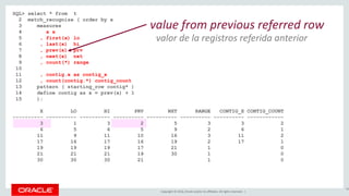 Copyright © 2016, Oracle and/or its affiliates. All rights reserved. |
SQL> select * from t
2 match_recognize ( order by x
3 measures
4 x x
5 , first(x) lo
6 , last(x) hi
7 , prev(x) prv
8 , next(x) nxt
9 , count(*) range
10
11 , contig.x as contig_x
12 , count(contig.*) contig_count
13 pattern ( starting_row contig* )
14 define contig as x = prev(x) + 1
15 );
X LO HI PRV NXT RANGE CONTIG_X CONTIG_COUNT
---------- ---------- ---------- ---------- ---------- ---------- ---------- ------------
3 1 3 2 5 3 3 2
6 5 6 5 9 2 6 1
11 9 11 10 16 3 11 2
17 16 17 16 19 2 17 1
19 19 19 17 21 1 0
21 21 21 19 30 1 0
30 30 30 21 1 0
98
value from previous referred row
valor de la registros referida anterior
 