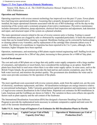 2.1 Desalination by reverse osmosis

Figure 17: Two Types of Reverse Osmosis Membranes.
        Source: O.K. Buros, et. al.. The USAID Desalination Manual, Englewood, N.J., U.S.A.,
        IDEA Publications
Operation and Maintenance
Operating experience with reverse osmosis technology has improved over the past 15 years. Fewer plants
have had long-term operational problems. Assuming that a properly designed and constructed unit is
installed, the major operational elements associated with the use of RO technology will be the day-to-day
monitoring of the system and a systematic program of preventive maintenance. Preventive maintenance
includes instrument calibration, pump adjustment, chemical feed inspection and adjustment, leak detection
and repair, and structural repair of the system on a planned schedule.
The main operational concern related to the use of reverse osmosis units is fouling. Fouling is caused
when membrane pores are clogged by salts or obstructed by suspended particulates. It limits the amount of
water that can be treated before cleaning is required. Membrane fouling can be corrected by backwashing
or cleaning (about every 4 months), and by replacement of the cartridge filter elements (about every 8
weeks). The lifetime of a membrane in Argentina has been reported to be 2 to 3 years, although, in the
literature, higher lifespans have been reported.
Operation, maintenance, and monitoring of RO plants require trained engineering staff. Staffing levels are
approximately one person for a 200 m3/day plant, increasing to three persons for a 4 000 m3/day plant.
Level of Involvement
The cost and scale of RO plants are so large that only public water supply companies with a large number
of consumers, and industries or resort hotels, have considered this technology as an option. Small RO
plants have been built in rural areas where there is no other water supply option. In some cases, such as the
British Virgin Islands, the government provides the land and tax and customs exemptions, pays for the
bulk water received, and monitors the product quality. The government also distributes the water and in
some cases provides assistance for the operation of the plants.
Costs
The most significant costs associated with reverse osmosis plants, aside from the capital cost, are the costs
of electricity, membrane replacement, and labor. All desalination techniques are energy-intensive relative
to conventional technologies. Table 5 presents generalized capital and operation and maintenance costs for
a 5 mgd reverse osmosis desalination in the United States. Reported cost estimates for RO installations in
Latin American and the Caribbean are shown in Table 6. The variation in these costs reflects site-specific
factors such as plant capacity and the salt content of the feedwater.
The International Desalination Association (IDA) has designed a Seawater Desalting Costs Software
Program to provide the mathematical tools necessary to estimate comparative capital and total costs for
each of the seawater desalination processes.
Table 5 U.S. Army Corps of Engineers Cost Estimates for RO Desalination Plants in Florida
                             Capital Cost per Unit of Daily                       Operation & Maintenance per Unit of
Feedwater Type
                                 Capacity ($/m3/day)                                       Production ($/m3)


 http://www.oas.org/usde/publications/Unit/oea59e/ch20.htm (4 of 9) [4/14/2000 12:37:00 PM]
 