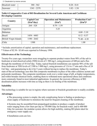 2.1 Desalination by reverse osmosis

Brackish water                                380 - 562                                          0.28 - 0.41
Seawater                                     1341 - 2379                                         1.02 - 1.54

Table 6 Comparative Costs of RO Desalination for Several Latin American and Caribbean
Developing Countries
                                          Capital Cost              Operation and Maintenance          Production Cost*
           Country
                                           ($/m3/day)                         ($/m3)                       ($/m3)a
Antigua                                     264 - 528                       0.79 - 1.59
Argentina                                                                            3.25
Bahamas                                                                                                    4.60 - 5.10
Brazil                                    1454 - 4483                                                      0.12 - 0.37
British Virgin Islands                    1190 - 2642                                                      b3.40 - 4.30
Chile                                         1300                                                             1.00

a Includes amortization of capital, operation and maintenance, and membrane replacement.
b Values of $2.30 - $3.60 were reported in February 1994.

Effectiveness of the Technology
Twenty-five years ago, researchers were struggling to separate product waters from 90% of the salt in
feedwater at total dissolved solids (TDS) levels of 1 500 mg/1, using pressures of 600 psi and a flux
through the membrane of 18 l/m2/day. Today, typical brackish installations can separate 98% of the salt
from feedwater at TDS levels of 2 500 to 3 000 mg/1, using pressures of 13.6 to 17 atm and a flux of 24
l/m2/day - and guaranteeing to do it for 5 years without having to replace the membrane. Today's
state-of-the-art technology uses thin film composite membranes in place of the older cellulose acetate and
polyamide membranes. The composite membranes work over a wider range of pH, at higher temperatures,
and within broader chemical limits, enabling them to withstand more operational abuse and conditions
more commonly found in most industrial applications. In general, the recovery efficiency of RO
desalination plants increases with time as long as there is no fouling of the membrane.
Suitability
This technology is suitable for use in regions where seawater or brackish groundwater is readily available.
Advantages
          • The processing system is simple; the only complicating factor is finding or producing a
          clean supply of feedwater to minimize the need for frequent cleaning of the membrane.
          • Systems may be assembled from prepackaged modules to produce a supply of product
          water ranging from a few liters per day to 750 000 l/day for brackish water, and to 400 000
          l/day for seawater; the modular system allows for high mobility, making RO plants ideal for
          emergency water supply use.
          • Installation costs are low.



    http://www.oas.org/usde/publications/Unit/oea59e/ch20.htm (5 of 9) [4/14/2000 12:37:00 PM]
 