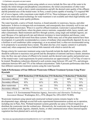 2.3 Clarification using plants and plant material

Design criteria for a treatment system using cattails or totora include the flow rate of the water to be
treated; the initial nitrogen and phosphorus concentrations; the initial concentrations of other water
quality parameters, such as heavy metal concentrations and pH; the desired water quality of the effluent;
and the potential uses of the treated water. In Peru, a small system capable of treating 5 l/s required 900
m2 of totora lagoon, with a maximum water depth of 0.9 m. These techniques are especially useful in
rural areas where advanced technology for water treatment is not available and where high turbidity and
color are the primary water quality problems.
The water hyacinth, a native of South America, is found naturally in waterways, bayous, and other
backwaters. It thrives in nitrogen-rich environments, and consequently does extremely well in raw and
partially treated wastewaters. When it is used for effluent treatment, wastewater is passed through a
water-hyacinth-covered basin, where the plants remove nutrients, suspended solids, heavy metals, and
other contaminants. Batch treatment and flow-through systems, using single and multiple lagoons, are
used. Because of its rapid growth rate and inherent resistance to insect predation and disease, water
hyacinth plants must be harvested from these systems. While many uses of the plant material have been
investigated, it is generally recommended as a source of methane when anaerobically digested. Its use as
a fertilizer or soil conditioner (after composting), or as an animal feed, is often not recommended owing
to its propensity to accumulate heavy metals. The plant also has a low organic content (it is primarily
water) and, when composted, leaves behind little material with which to enrich the soil.
Design criteria for wastewater treatment using water hyacinth include the depth of the lagoons, which
should be sufficient to maximize root growth and the absorption of nutrients and heavy metals; detention
time; the flow rate and volume of effluent to be treated; and the desired water quality and potential uses
of the treated water. Land requirements for pond construction are approximately 1 m2/m3/day of water to
be treated. Phosphorus reductions obtained in such systems range between 10% and 75%, and nitrogen
reductions between 40% and 75% of the influent concentration. Table 8 presents performance data from
four different wastewater treatment systems using the water hyacinth.
Table 8 Performance of Four Different Wastewater Effluent Treatment Systems Using Water
Hyacinth
     Source        BOD Reduction COD Reduction TSS Reduction N Reduction P Reduction
Secondary effluent     35%            n/a           n/a         44%         74%
Secondary effluent     83%           61%           83%          72%         31%
Raw wastewater         97%            n/a          75%          92%         60%
Secondary effluent    60-79%          n/a          71%          47%         11%
        Source: U.S. Environmental Protection Agency, Innovative and Alternative Technology
        Assessment Manual, Washington, D.C., 1976, (Report No. EPA-430/9-78-009).
Wastewater treatment using natural and constructed wetland systems remains largely in the
developmental stage, although several full-scale experimental demonstration systems are in operation,
including one in Puno, Peru. Wetland treatment systems generally use spray or flood irrigation to
distribute the wastewater into the wetland area. Alternatively, the wastewater may be passed through a
system of shallow ponds, lagoons, channels, basins, or other constructed areas where emersed aquatic
vegetation has been planted and is actively growing.


 http://www.oas.org/usde/publications/Unit/oea59e/ch22.htm (3 of 11) [4/14/2000 12:37:12 PM]
 