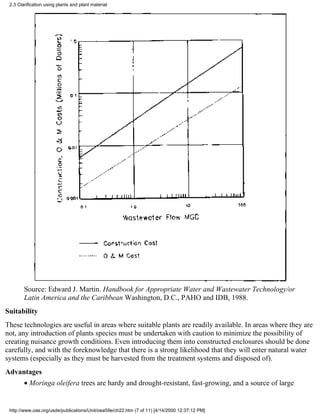 2.3 Clarification using plants and plant material




        Source: Edward J. Martin. Handbook for Appropriate Water and Wastewater Technology/or
        Latin America and the Caribbean Washington, D.C., PAHO and IDB, 1988.
Suitability
These technologies are useful in areas where suitable plants are readily available. In areas where they are
not, any introduction of plants species must be undertaken with caution to minimize the possibility of
creating nuisance growth conditions. Even introducing them into constructed enclosures should be done
carefully, and with the foreknowledge that there is a strong likelihood that they will enter natural water
systems (especially as they must be harvested from the treatment systems and disposed of).
Advantages
        • Moringa oleifera trees are hardy and drought-resistant, fast-growing, and a source of large


 http://www.oas.org/usde/publications/Unit/oea59e/ch22.htm (7 of 11) [4/14/2000 12:37:12 PM]
 