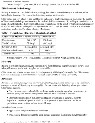 2.4 Disinfection by boiling and chlorination

        Source: Margaret Dyer-Howe, General Manager, Montserrat Water Authority, 1995.
Effectiveness of the Technology
Boiling is a very effective disinfection technology, but it is recommended only as a backup to other
technologies because of its volume limitations and energy requirements.
Chlorination is a very effective and well-known technology. Its effectiveness is a function of the quality
of the water that is being chlorinated and the method of chlorination used. Normally gas chlorination is a
more efficient method of disinfection, although a system based on the use of hypochlorite tablets is easier
to operate and maintain and is preferred by individual users. Table 11 shows a comparison of the two
methods as used on the Caribbean island of Montserrat.
Table 11 Technological Efficiency of Chlorination Methods
Chlorination Method Tablets/Granules                         Chlorine Gas
Chlorine usage         201 lb Cl2                             102 lb gas
Total Cl residue                         27.1 mg/l              40.5 mg/l
Residue/Cl2 ratio                     0.13mg/lb Cl2        0.46 mg/lb of Cl2
% of available chlorine                      65%                   100%
Treatment cost                              $1532                  $172
        Source: Margaret Dyer-Howe. General Manager, Montserrat Water Authority, 1995.
Suitability
Boiling is applicable everywhere, although it is now most often used in emergencies or in rural areas
where chlorinated public water supplies are not available.
Chlorination can be used in most areas depending on the availability of chemicals. Gas Chlorination,
however, is best used in controlled situations such as provided by a public water utility.
Advantages
As was noted above, boiling, while an effective technology, is generally considered to be a secondary or
emergency means of disinfecting water supplies. For this reason, the following advantages refer to
Chlorination systems:
        • The systems are extremely reliable; the hypochlorite system is somewhat easier to operate
        than the gas system because the operators need not be as skilled or as cautious.
        • Chlorination is less costly than other disinfection systems and is generally easier to
        implement; chlorine (Cl2) can be made in the region and safety considerations for its
        production, transportation, and use are well known.
Hypochlorinator system:
        • Hypochlorite compounds are non-flammable.
        • Hypochlorite does not present the same hazards as gaseous chlorine and therefore is safer


 http://www.oas.org/usde/publications/Unit/oea59e/ch23.htm (6 of 9) [4/14/2000 12:37:18 PM]
 