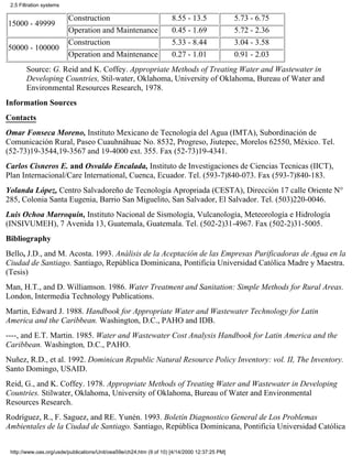 2.5 Filtration systems

                          Construction                               8.55 - 13.5               5.73 - 6.75
15000 - 49999
                          Operation and Maintenance                  0.45 - 1.69               5.72 - 2.36
                          Construction                               5.33 - 8.44               3.04 - 3.58
50000 - 100000
                          Operation and Maintenance                  0.27 - 1.01               0.91 - 2.03
        Source: G. Reid and K. Coffey. Appropriate Methods of Treating Water and Wastewater in
        Developing Countries, Stil-water, Oklahoma, University of Oklahoma, Bureau of Water and
        Environmental Resources Research, 1978.
Information Sources
Contacts
Omar Fonseca Moreno, Instituto Mexicano de Tecnología del Agua (IMTA), Subordinación de
Comunicación Rural, Paseo Cuauhnáhuac No. 8532, Progreso, Jiutepec, Morelos 62550, México. Tel.
(52-73)19-3544,19-3567 and 19-4000 ext. 355. Fax (52-73)19-4341.
Carlos Cisneros E. and Osvaldo Encalada, Instituto de Investigaciones de Ciencias Tecnicas (IICT),
Plan Internacional/Care International, Cuenca, Ecuador. Tel. (593-7)840-073. Fax (593-7)840-183.
Yolanda López, Centro Salvadoreño de Tecnología Apropriada (CESTA), Dirección 17 calle Oriente N°
285, Colonia Santa Eugenia, Barrio San Miguelito, San Salvador, El Salvador. Tel. (503)220-0046.
Luis Ochoa Marroquín, Instituto Nacional de Sismología, Vulcanología, Meteorología e Hidrología
(INSIVUMEH), 7 Avenida 13, Guatemala, Guatemala. Tel. (502-2)31-4967. Fax (502-2)31-5005.
Bibliography
Bello, J.D., and M. Acosta. 1993. Análisis de la Aceptación de las Empresas Purificadoras de Agua en la
Ciudad de Santiago. Santiago, República Dominicana, Pontificia Universidad Católica Madre y Maestra.
(Tesis)
Man, H.T., and D. Williamson. 1986. Water Treatment and Sanitation: Simple Methods for Rural Areas.
London, Intermedia Technology Publications.
Martin, Edward J. 1988. Handbook for Appropriate Water and Wastewater Technology for Latin
America and the Caribbean. Washington, D.C., PAHO and IDB.
----, and E.T. Martin. 1985. Water and Wastewater Cost Analysis Handbook for Latin America and the
Caribbean. Washington, D.C., PAHO.
Nuñez, R.D., et al. 1992. Dominican Republic Natural Resource Policy Inventory: vol. II, The Inventory.
Santo Domingo, USAID.
Reid, G., and K. Coffey. 1978. Appropriate Methods of Treating Water and Wastewater in Developing
Countries. Stilwater, Oklahoma, University of Oklahoma, Bureau of Water and Environmental
Resources Research.
Rodríguez, R., F. Saguez, and RE. Yunén. 1993. Boletín Diagnostico General de Los Problemas
Ambientales de la Ciudad de Santiago. Santiago, República Dominicana, Pontificia Universidad Católica


 http://www.oas.org/usde/publications/Unit/oea59e/ch24.htm (9 of 10) [4/14/2000 12:37:25 PM]
 