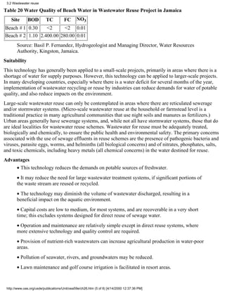 3.2 Wastewater reuse

Table 20 Water Quality of Beach Water in Wastewater Reuse Project in Jamaica
    Site      BOD          TC          FC      NO3
Beach # 1 0.30    <2      <2 0.01
Beach # 2 1.10 2.400.00 280.00 0.01
       Source: Basil P. Fernandez, Hydrogeologist and Managing Director, Water Resources
       Authority, Kingston, Jamaica.
Suitability
This technology has generally been applied to a small-scale projects, primarily in areas where there is a
shortage of water for supply purposes. However, this technology can be applied to larger-scale projects.
In many developing countries, especially where there is a water deficit for several months of the year,
implementation of wastewater recycling or reuse by industries can reduce demands for water of potable
quality, and also reduce impacts on the environment.
Large-scale wastewater reuse can only be contemplated in areas where there are reticulated sewerage
and/or stormwater systems. (Micro-scale wastewater reuse at the household or farmstead level is a
traditional practice in many agricultural communities that use night soils and manures as fertilizers.)
Urban areas generally have sewerage systems, and, while not all have stormwater systems, those that do
are ideal localities for wastewater reuse schemes. Wastewater for reuse must be adequately treated,
biologically and chemically, to ensure the public health and environmental safety. The primary concerns
associated with the use of sewage effluents in reuse schemes are the presence of pathogenic bacteria and
viruses, parasite eggs, worms, and helminths (all biological concerns) and of nitrates, phosphates, salts,
and toxic chemicals, including heavy metals (all chemical concerns) in the water destined for reuse.
Advantages
       • This technology reduces the demands on potable sources of freshwater.
       • It may reduce the need for large wastewater treatment systems, if significant portions of
       the waste stream are reused or recycled.
       • The technology may diminish the volume of wastewater discharged, resulting in a
       beneficial impact on the aquatic environment.
       • Capital costs are low to medium, for most systems, and are recoverable in a very short
       time; this excludes systems designed for direct reuse of sewage water.
       • Operation and maintenance are relatively simple except in direct reuse systems, where
       more extensive technology and quality control are required.
       • Provision of nutrient-rich wastewaters can increase agricultural production in water-poor
       areas.
       • Pollution of seawater, rivers, and groundwaters may be reduced.
       • Lawn maintenance and golf course irrigation is facilitated in resort areas.



 http://www.oas.org/usde/publications/Unit/oea59e/ch26.htm (5 of 8) [4/14/2000 12:37:36 PM]
 