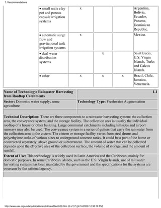 7. Recommendations

                               • small scale clay                    x                              Argentina,
                               pot and porous                                                       Bolivia,
                               capsule irrigation                                                   Ecuador,
                               systems                                                              Panama,
                                                                                                    Dominican
                                                                                                    Republic.
                               • automatic surge                     x                              Mexico.
                               flow and
                               gravitational tank
                               irrigation systems
                               • dual water                                              x          Saint Lucia,
                               distribution                                                         U.S. Virgin
                               systems                                                              Islands, Turks
                                                                                                    and Caicos
                                                                                                    Islands.
                               • other                               x                   x    x     Brazil, Chile,
                                                                                                    Jamaica,
                                                                                                    Venezuela.

Name of Technology: Rainwater Harvesting                                                                         1.1
from Rooftop Catchments
Sector: Domestic water supply; some                                Technology Type: Freshwater Augmentation
agriculture

Technical Description: There are three components to a rainwater harvesting system: the collection
area, the conveyance system, and the storage facility. The collection area is usually the individual
rooftop of a house or other building. Large communal catchments including hillsides and airport
runways may also be used. The conveyance system is a series of gutters that carry the rainwater from
the collection area to the cistern. The cistern or storage facility varies from steel drums and
polyethylene tanks of various sizes to underground concrete tanks. It could be a part of the home or
constructed separately, above ground or subterranean. The amount of water that can be collected
depends upon the effective area of the collection surface, the volume of storage, and the amount of
rainfall.
Extent of Use: This technology is widely used in Latin America and the Caribbean, mainly for
domestic purposes. In some Caribbean islands, such as the U.S. Virgin Islands, use of rainwater
harvesting systems has been mandated by the government and the specifications for the systems are
overseen by the national agency.




http://www.oas.org/usde/publications/Unit/oea59e/ch09.htm (6 of 37) [4/14/2000 12:36:19 PM]
 